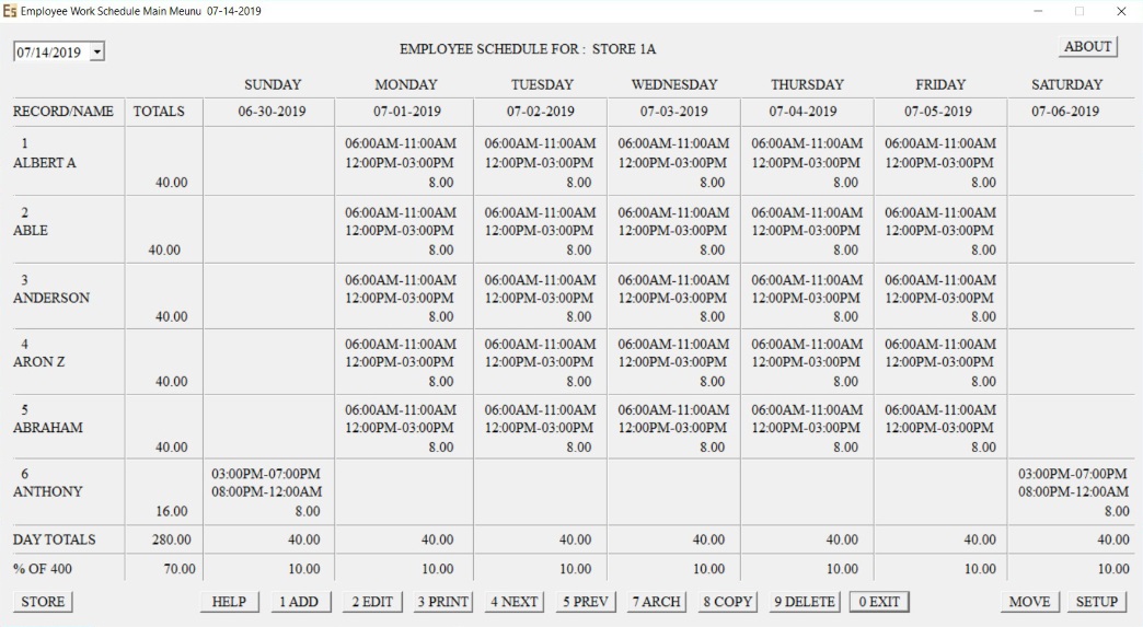 Main Employee Schedule Window